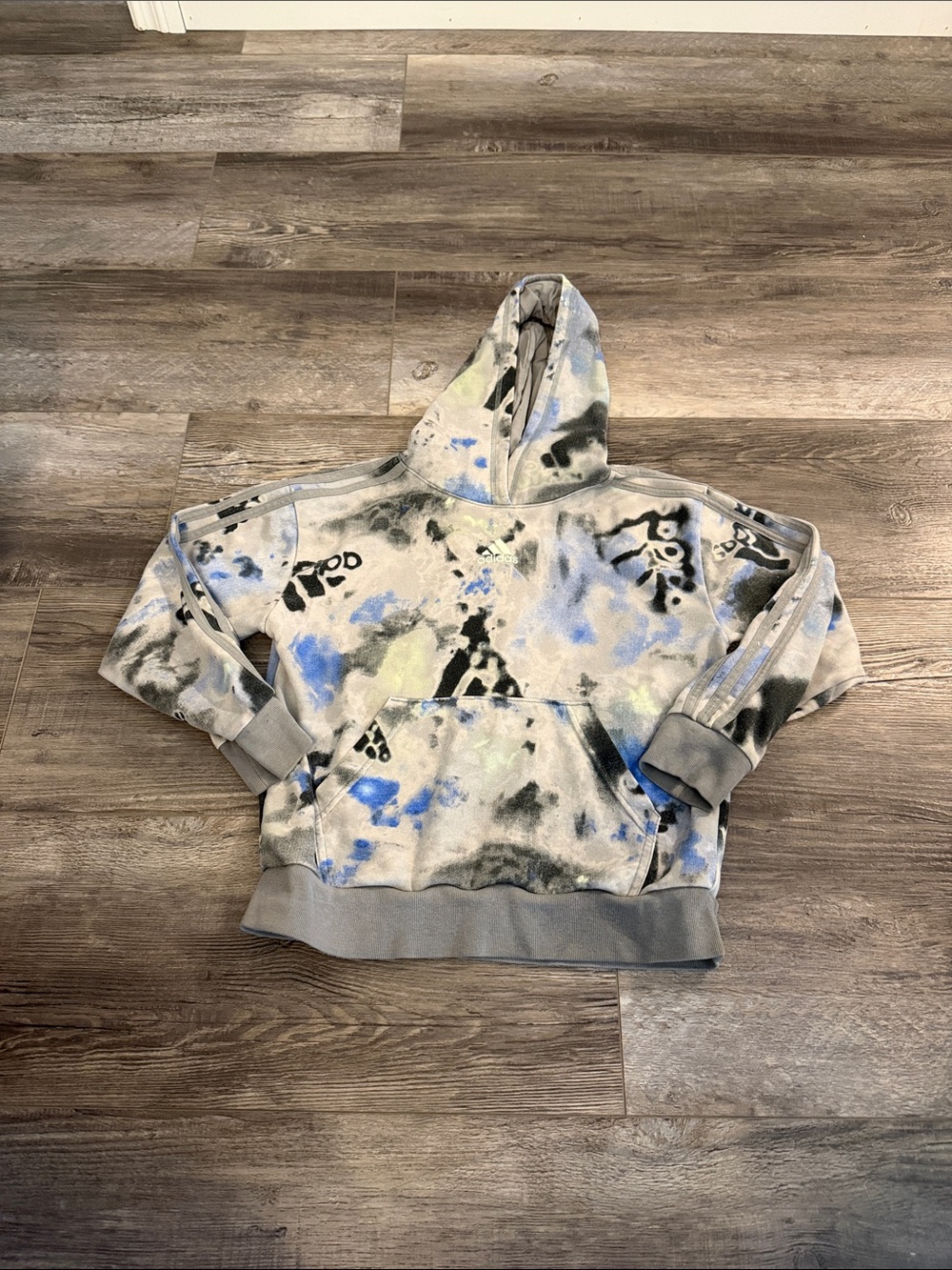Adidas Tie-Dye Crewneck Hoodie in Gray with Blue & Black Accents